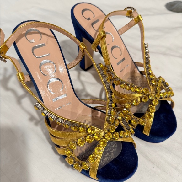 Gucci Zephyra Gold Crystal Blue Velvet Heels | Size 37 Show Stopper ✨ FREE SHIP - Picture 2 of 15